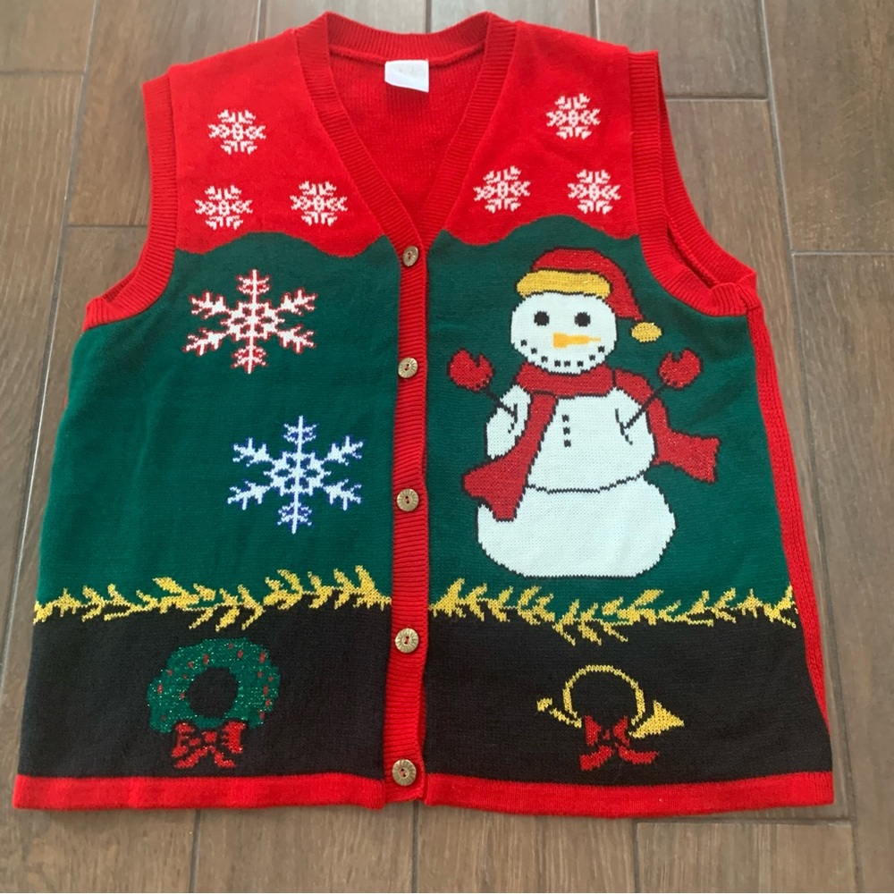 Vintage Style Novelty Knit Christmas Sweater Vest Snowman Snowflake Wreath